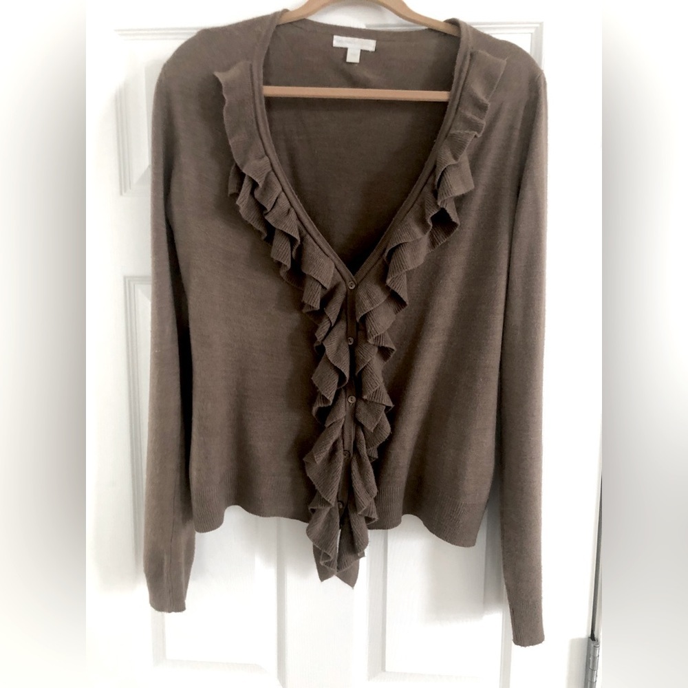 NEW YORK & COMPANY Button Down Sweater with Ruffles - Woman’s Sz. L